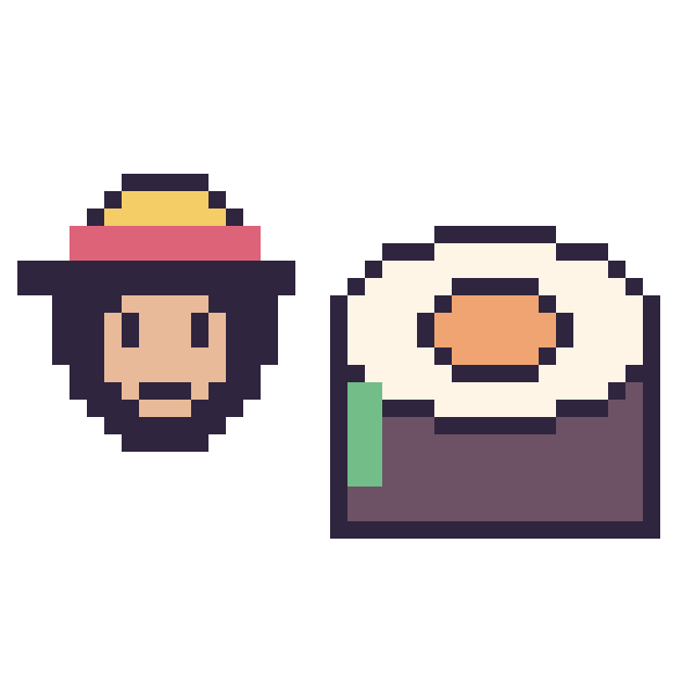 Modèle de pixel art Luffy mini et Sushi sur une grille de 40 par 40 cases
