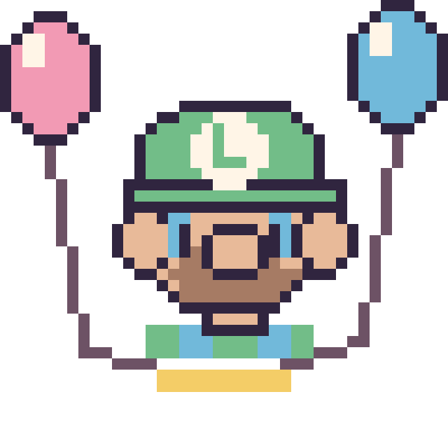 Modèle de pixel art Luigi avec des ballons sur une grille de 40 par 40 cases