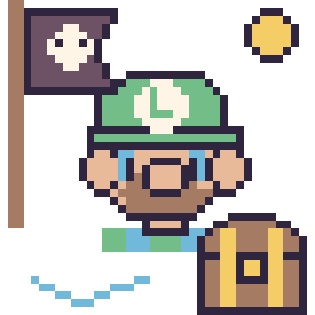 Modèle de pixel art Luigi en aventure pirate sur une grille de 40 par 40 cases