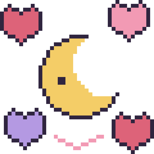 Modèle de pixel art Lune avec des cœurs sur une grille de 40 par 40 cases