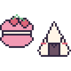 Pixel art Macaron avec des cerises et Onigiri kawaii, grille 40 × 40