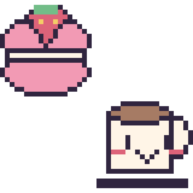 Modèle de pixel art Macaron avec une fraise et Tasse de thé kawaii sur une grille de 40 par 40 cases