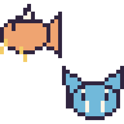 Pixel art Magicarpe mini et Nosferapti mini, grille 32 × 32