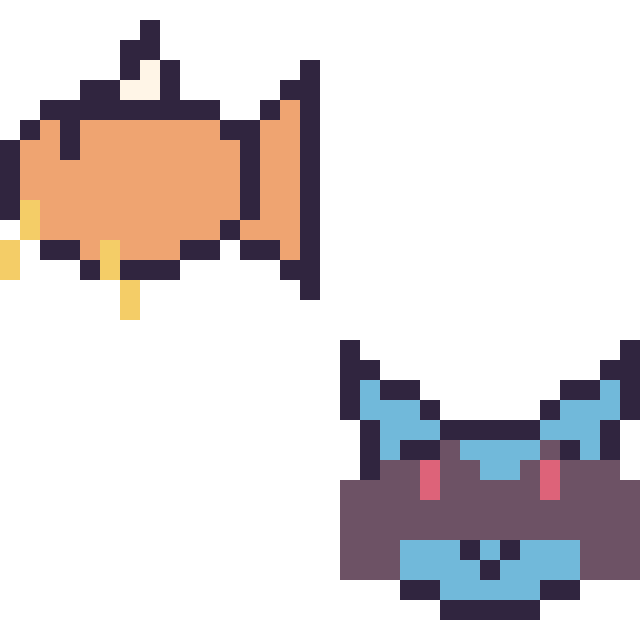Modèle de pixel art Magicarpe mini et Riolu mini sur une grille de 32 par 32 cases
