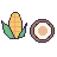 Pixel art Maïs et Noix de coco, grille 48 × 48
