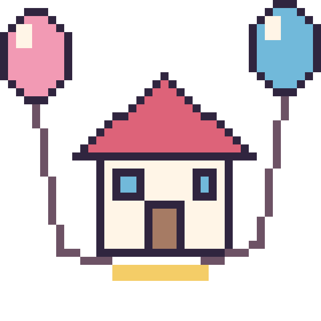 Modèle de pixel art Maison avec des ballons sur une grille de 40 par 40 cases