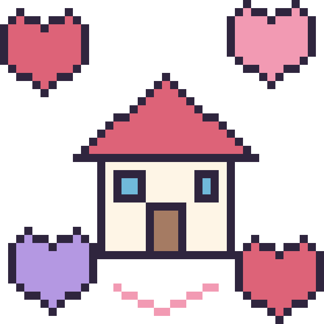 Modèle de pixel art Maison avec des cœurs sur une grille de 40 par 40 cases