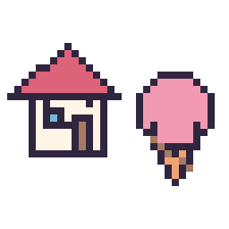 Pixel art Maison kawaii 16 × 16 et Glace kawaii 16 × 16, grille 32 × 32