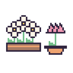 Pixel art Marguerite en jardinière et Lotus en pot, grille 48 × 48
