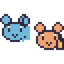 Pixel art Marill mini et Ouisticram mini, grille 32 × 32