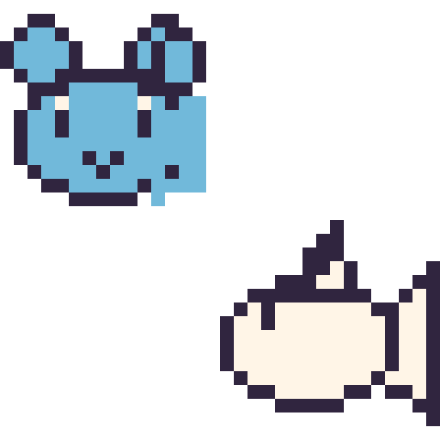 Modèle de pixel art Marill mini et Poissirène mini sur une grille de 32 par 32 cases