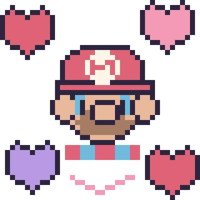 Modèle de pixel art Mario avec des cœurs sur une grille de 40 par 40 cases