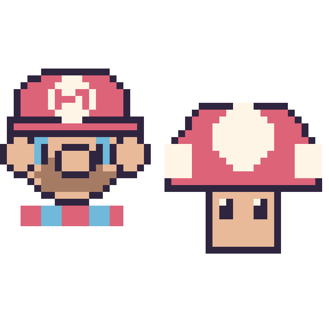 Modèle de pixel art Mario et Champignon Mario sur une grille de 48 par 48 cases