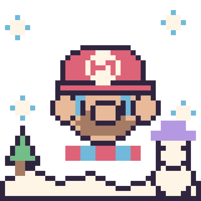 Modèle de pixel art Mario en hiver sur une grille de 40 par 40 cases