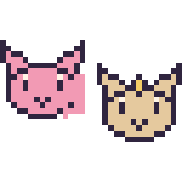 Modèle de pixel art Mew mini et Miaouss mini sur une grille de 32 par 32 cases