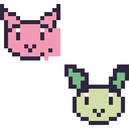 Pixel art Mew mini et Phyllali mini, grille 32 × 32