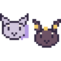 Pixel art Mewtwo mini et Noctali mini, grille 32 × 32