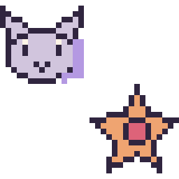 Pixel art Mewtwo mini et Stari mini, grille 32 × 32