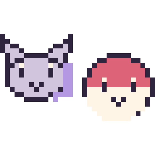 Modèle de pixel art Mewtwo mini et Voltorbe mini sur une grille de 32 par 32 cases