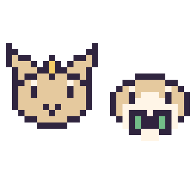 Modèle de pixel art Miaouss mini et Brindibou mini sur une grille de 32 par 32 cases