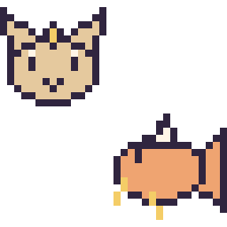 Pixel art Miaouss mini et Magicarpe mini, grille 32 × 32