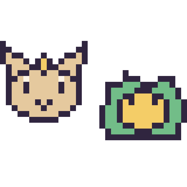 Modèle de pixel art Miaouss mini et Nucléos mini sur une grille de 32 par 32 cases