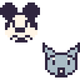 Pixel art Mickey mini et Bourriquet mini, grille 32 × 32