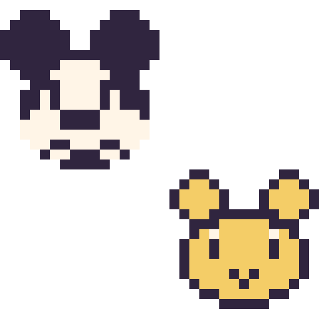 Modèle de pixel art Mickey mini et Winnie l’ourson mini sur une grille de 32 par 32 cases