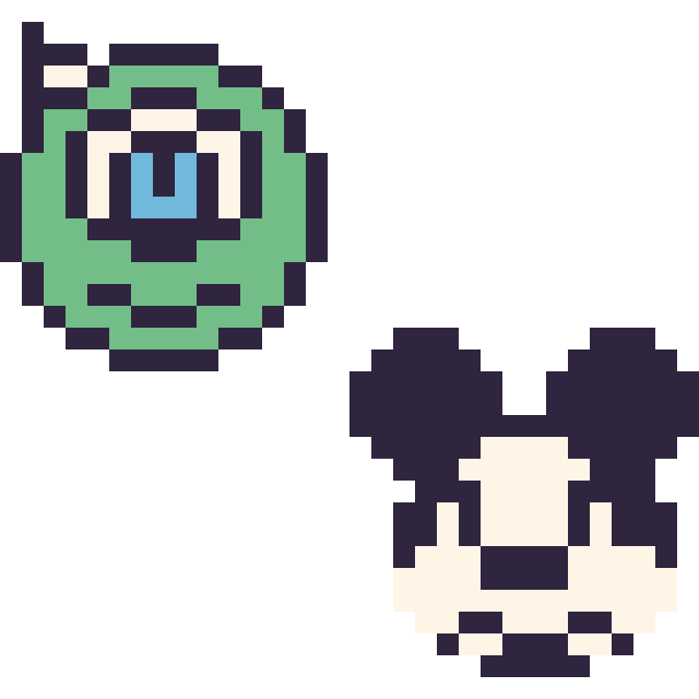 Modèle de pixel art Bob Razowski mini et Mickey mini sur une grille de 32 par 32 cases