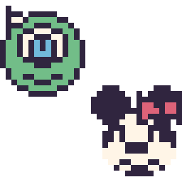 Pixel art Bob Razowski mini et Minnie mini, grille 32 × 32
