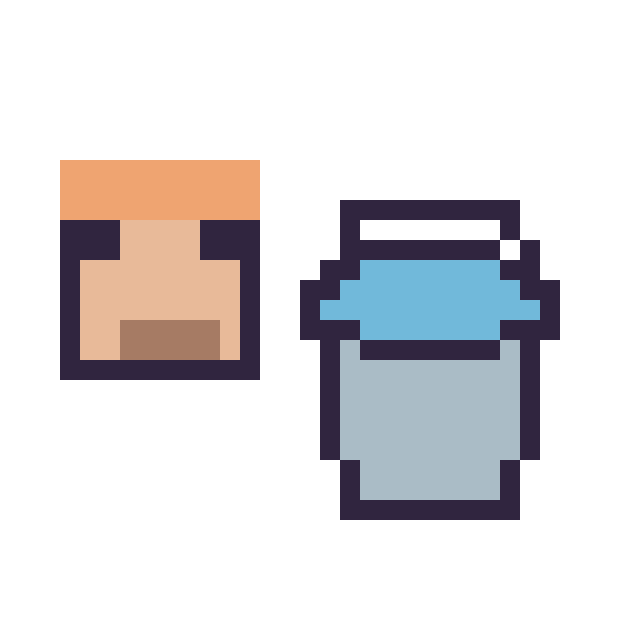 Modèle de pixel art Alex Minecraft 16 × 16 et Seau eau Minecraft 16 × 16 sur une grille de 32 par 32 cases