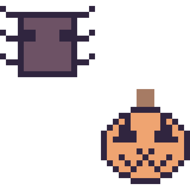 Modèle de pixel art Araignée Minecraft 16 × 16 et Citrouille d'Halloween kawaii 16 × 16 sur une grille de 32 par 32 cases