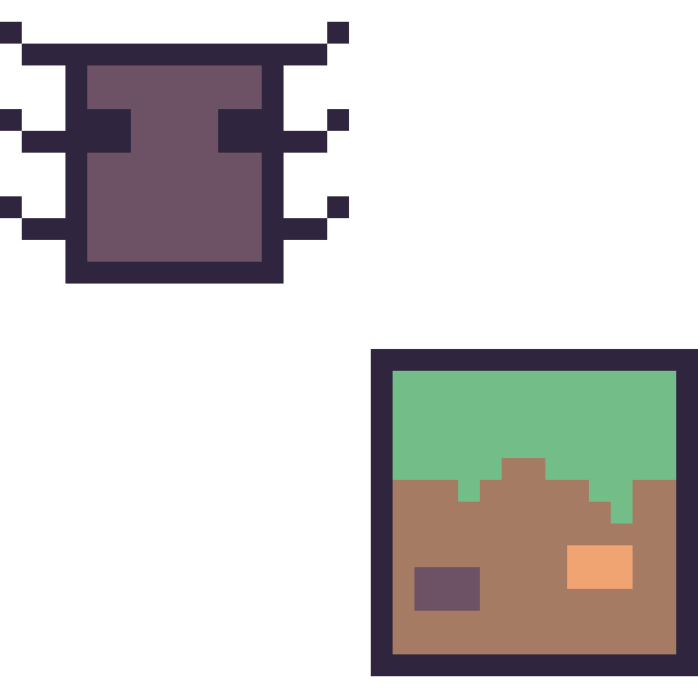 Modèle de pixel art Araignée Minecraft 16 × 16 et Bloc herbe Minecraft 16 × 16 sur une grille de 32 par 32 cases