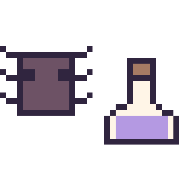 Modèle de pixel art Araignée Minecraft 16 × 16 et Potion simple 16 × 16 sur une grille de 32 par 32 cases
