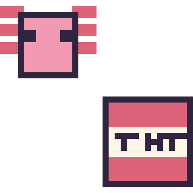 Modèle de pixel art Axolotl Minecraft 16 × 16 et Bloc tnt Minecraft 16 × 16 sur une grille de 32 par 32 cases