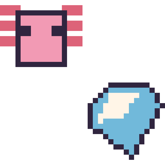 Modèle de pixel art Axolotl Minecraft 16 × 16 et Diamant Minecraft 16 × 16 sur une grille de 32 par 32 cases