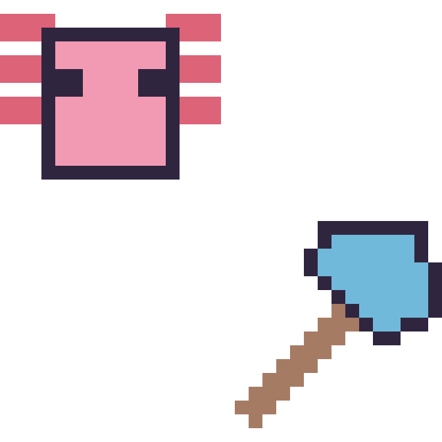 Modèle de pixel art Axolotl Minecraft 16 × 16 et Hache diamant Minecraft 16 × 16 sur une grille de 32 par 32 cases
