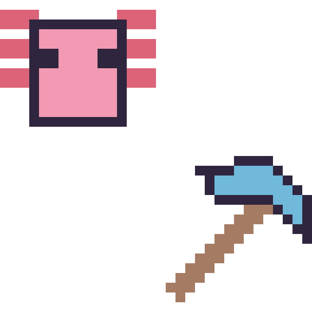 Modèle de pixel art Axolotl Minecraft 16 × 16 et Pioche diamant Minecraft 16 × 16 sur une grille de 32 par 32 cases