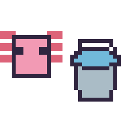 Pixel art Axolotl Minecraft 16 × 16 et Seau eau Minecraft 16 × 16, grille 32 × 32