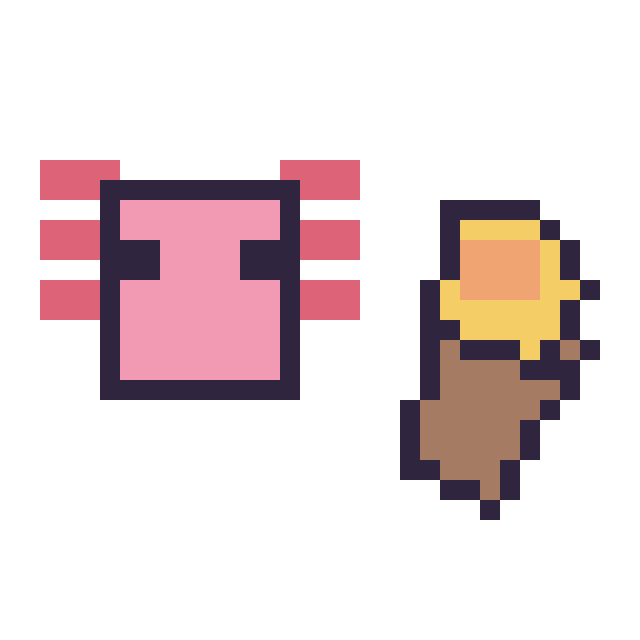 Modèle de pixel art Axolotl Minecraft 16 × 16 et Torche Minecraft 16 × 16 sur une grille de 32 par 32 cases