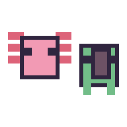 Pixel art Axolotl Minecraft 16 × 16 et Tortue Minecraft 16 × 16, grille 32 × 32
