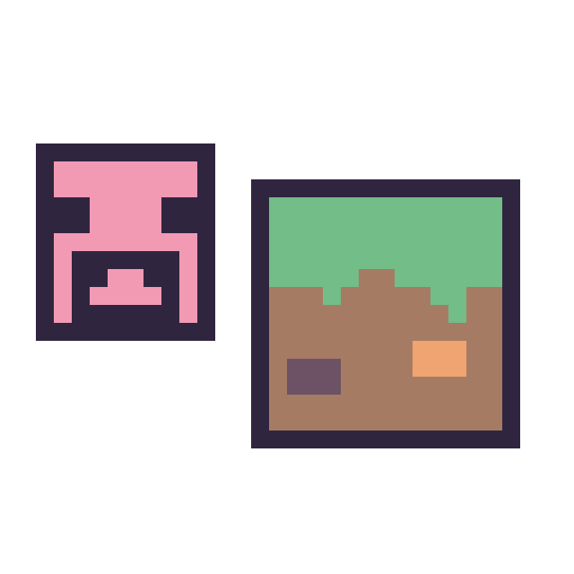 Modèle de pixel art Cochon Minecraft 16 × 16 et Bloc herbe Minecraft 16 × 16 sur une grille de 32 par 32 cases