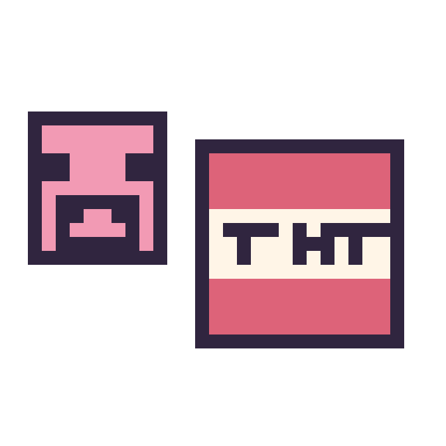 Modèle de pixel art Cochon Minecraft 16 × 16 et Bloc tnt Minecraft 16 × 16 sur une grille de 32 par 32 cases