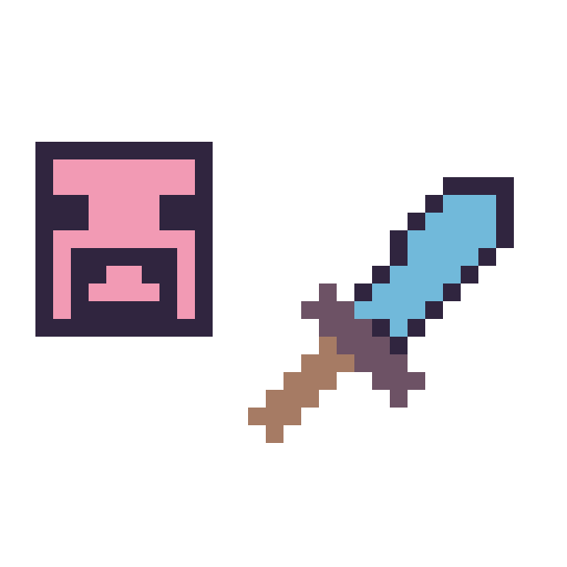 Modèle de pixel art Cochon Minecraft 16 × 16 et Epee diamant Minecraft 16 × 16 sur une grille de 32 par 32 cases
