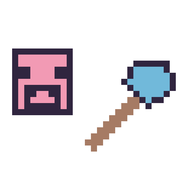 Modèle de pixel art Cochon Minecraft 16 × 16 et Pelle diamant Minecraft 16 × 16 sur une grille de 32 par 32 cases