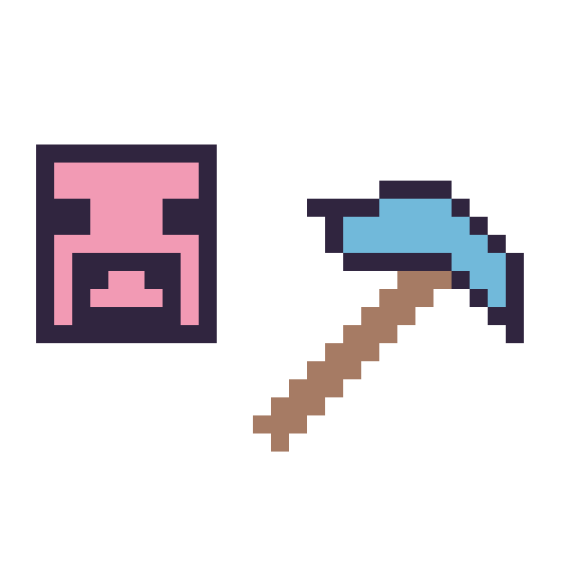 Modèle de pixel art Cochon Minecraft 16 × 16 et Pioche diamant Minecraft 16 × 16 sur une grille de 32 par 32 cases