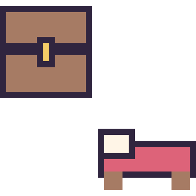 Modèle de pixel art Coffre Minecraft 16 × 16 et Lit Minecraft 16 × 16 sur une grille de 32 par 32 cases