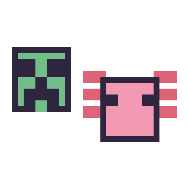 Modèle de pixel art Creeper Minecraft 16 × 16 et Axolotl Minecraft 16 × 16 sur une grille de 32 par 32 cases