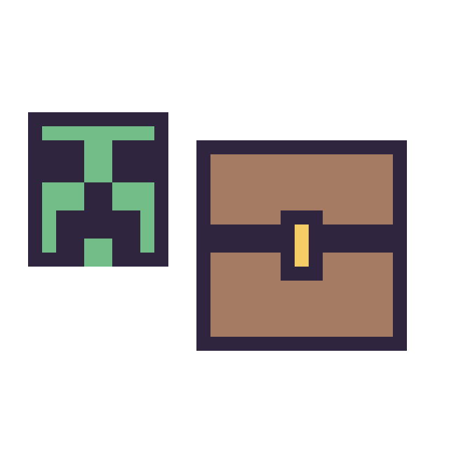 Modèle de pixel art Creeper Minecraft 16 × 16 et Coffre Minecraft 16 × 16 sur une grille de 32 par 32 cases