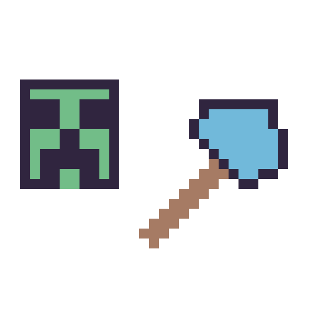 Modèle de pixel art Creeper Minecraft 16 × 16 et Hache diamant Minecraft 16 × 16 sur une grille de 32 par 32 cases